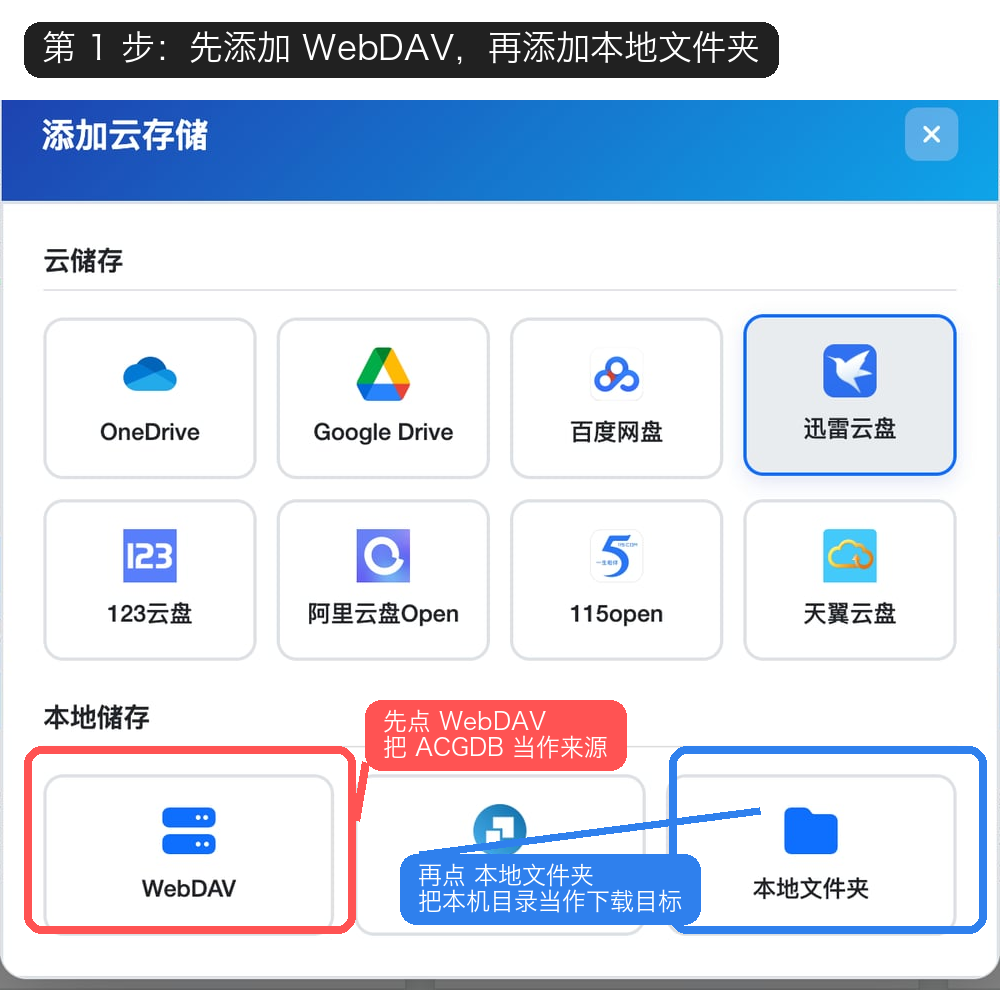 第 1 步：先添加 WebDAV，再添加本地文件夹