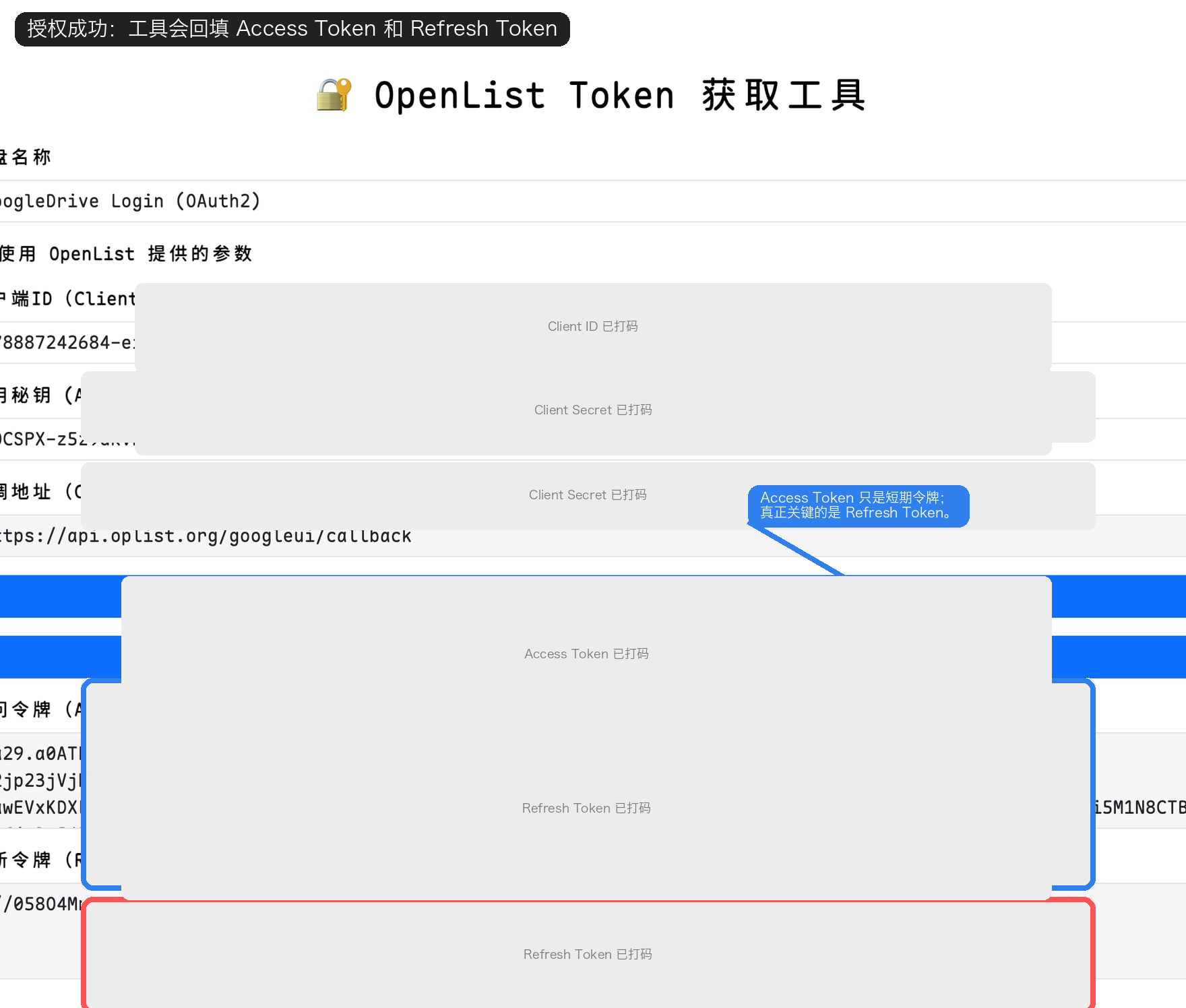 授权成功后，OpenList 会回填 Access Token 和 Refresh Token